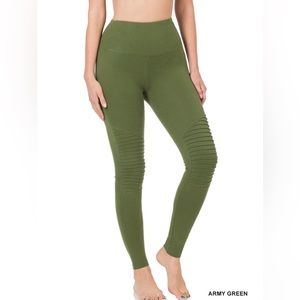 Cotton Wide Waistband Moto Leggings - Army Green